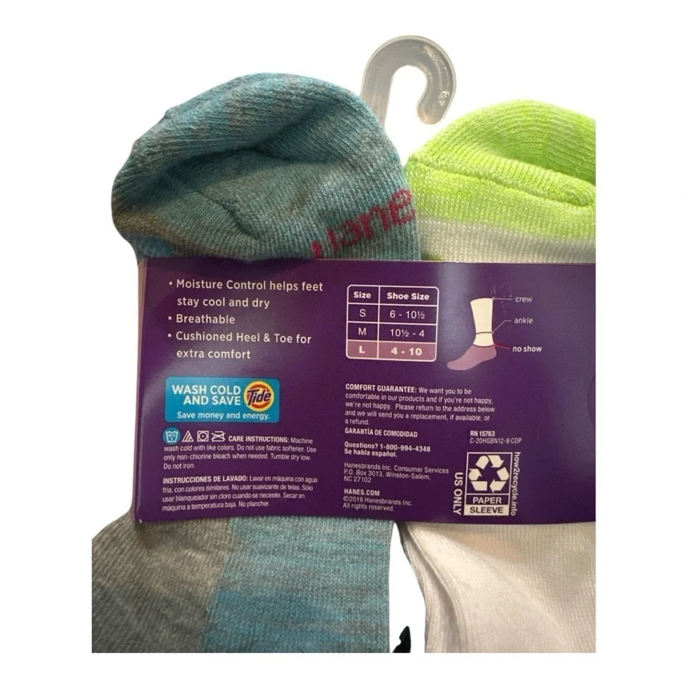 Hanes Girls’ No Show Socks – 12 Pairs, Size 4-10 (L), Multi-Color, NWT